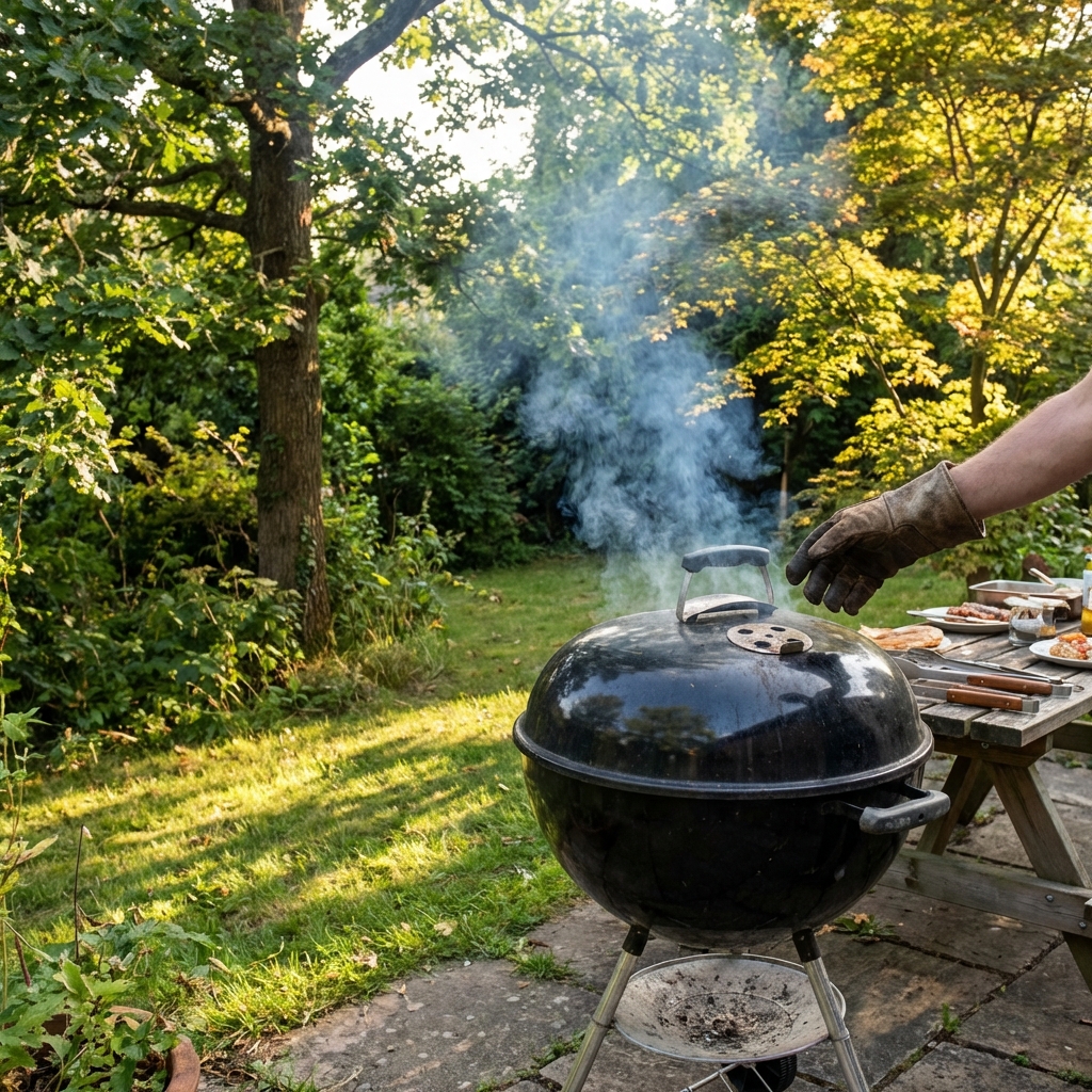 Parrilla redonda con tapa soltando humo en un jardín